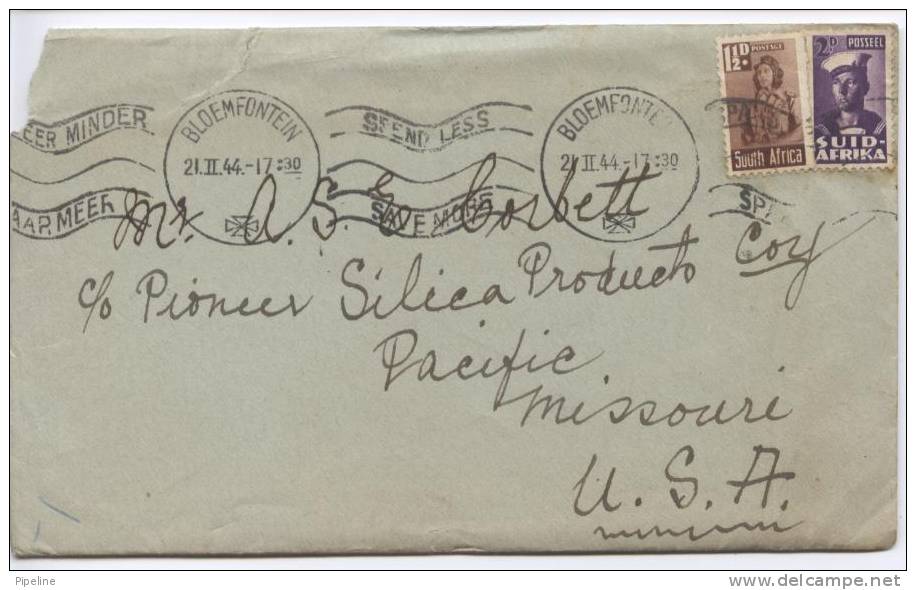 South Africa Suid Afrika Bloemfontein 21-II-1944 Sent To USA With A Letter Inside - Storia Postale
