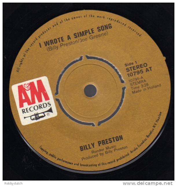 * 7" *  BILLY PRESTON - I WROTE A SIMPLE SONG (Holland EX-!!!) - Soul - R&B