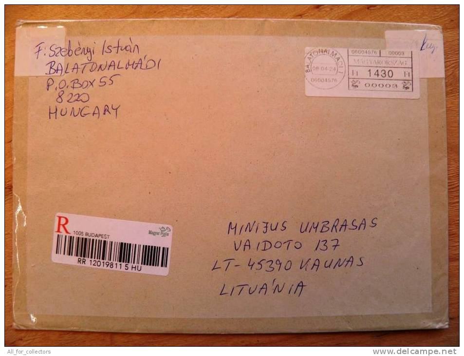 Cover Sent From Hungary To Lithuania, Registered,  Atm Machine Stamp 1430 Ft. - Briefe U. Dokumente