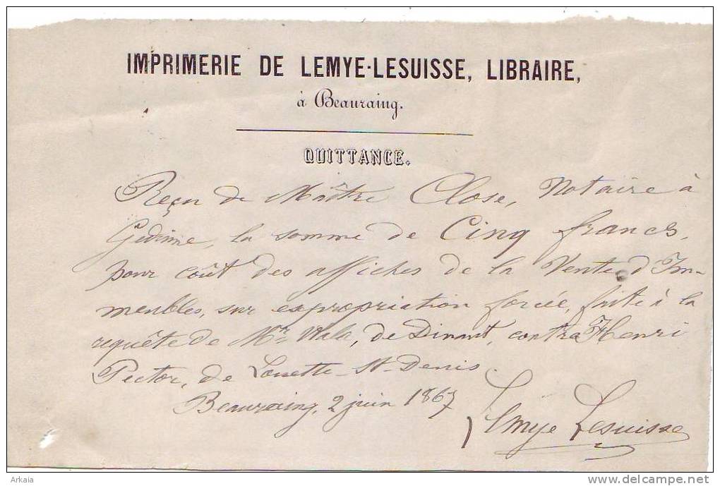 Beauraing - 1867 - Imprimerie De Lemye-Lesuisse - 2 Documents - Imprenta & Papelería