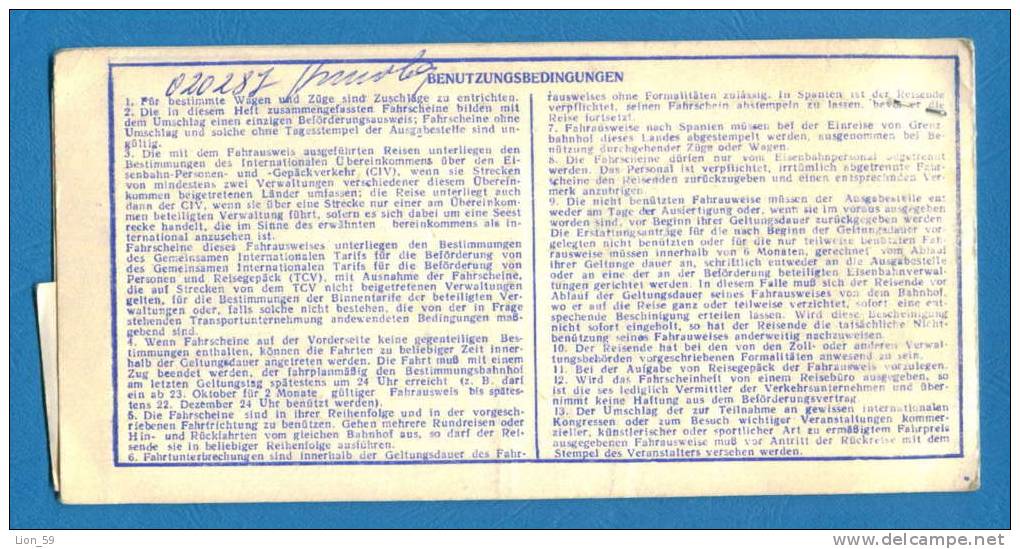 D524 / Billet  Ticket RAILWAY - 1977 PARIS - MUNCHEN - SOFIA Bulgaria Bulgarie  France Frankreich Deutschland Germany - Europa