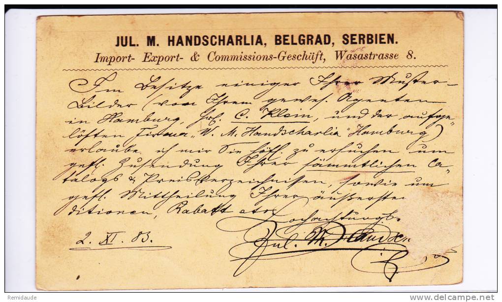 SERBIE - 1883 - RARE CARTE ENTIER POSTAL Avec REPIQUAGE PRIVE De BELGRADE Pour BERLIN - Serbie