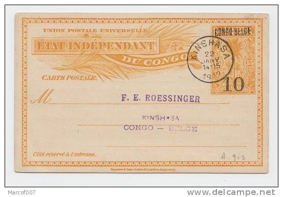 EP 29L - BEL ENTIER DE ET POUR KINSHASA 1912 + PUB VERSO A VOIR - Entiers Postaux