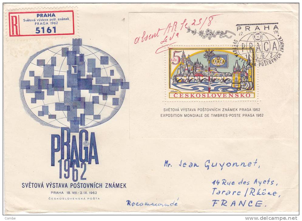 LETTRE RECOM CESCKOSLOVENSKO 1962, Mi 1360 BLOC , PRAHA Pour La FRANCE,   /2693 - Covers & Documents