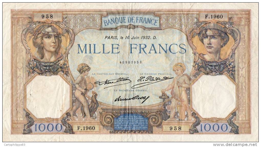 BILLET DE LA BANQUE DE FRANCE LE 1000 FR CERES ET MERCURE - 1 000 F 1927-1940 ''Cérès Et Mercure''