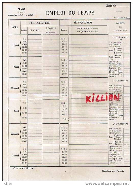 Emploie Du Temps D'un Lycée De Gap   Hautes Alpes - Diploma & School Reports