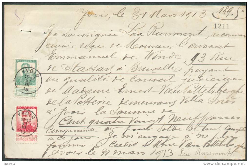 N°114-118 Obl. Sc YVOIR Sur Reçu Du 31 Mars 1913 Pour Une Somme De 189,50 Francs.  - 8463 - Verso : Chiffre De Présentat - 1912 Pellens