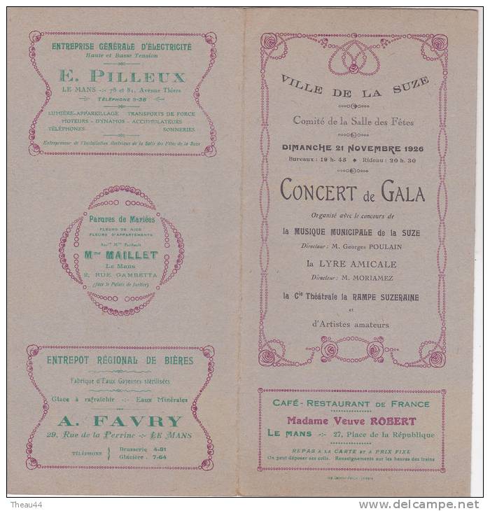 Programme Du Concert De Gala En 1926 De La Ville De LA SUZE  -  Publicités De L'époque - Programmes