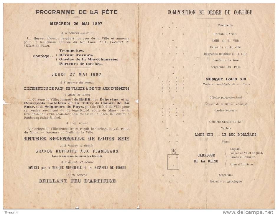 Programme De La Fête De Bienfaisance De La Ville De LA SUZE En Mai 1897 - Grande Cavalcade Historique - Programmes