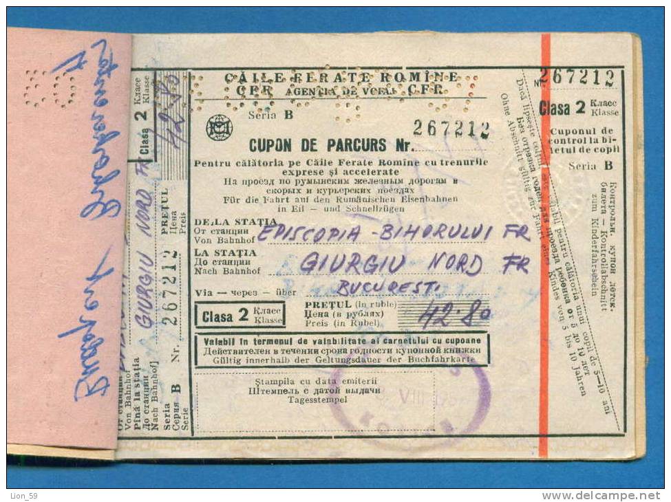 D533 / Ticket Billet RAILWAY - 1957 Kosice - Budapest - Giurgiu - Bucharest  - Varna - Slovakia Hungary Romania Bulgaria - Europa