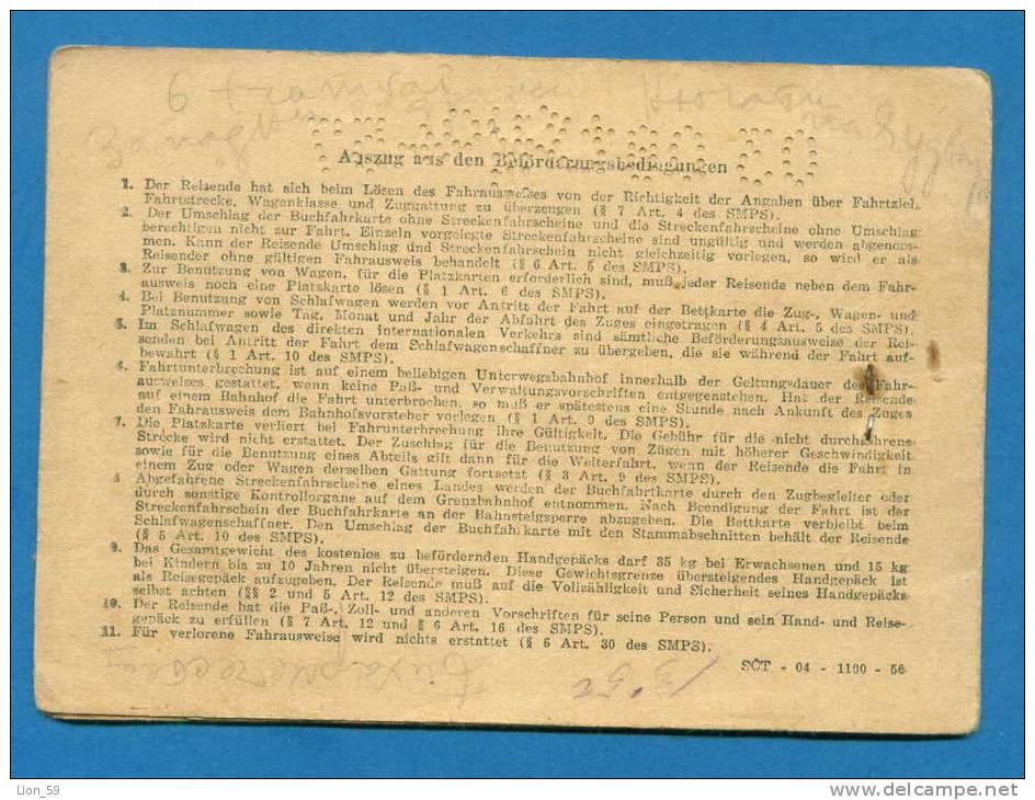 D533 / Ticket Billet RAILWAY - 1957 Kosice - Budapest - Giurgiu - Bucharest  - Varna - Slovakia Hungary Romania Bulgaria