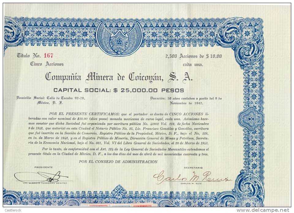 O) 1942 MEXICO,STOCK OF FIVE ACTIONS, COICOYáN MINING COMPANY - Other & Unclassified