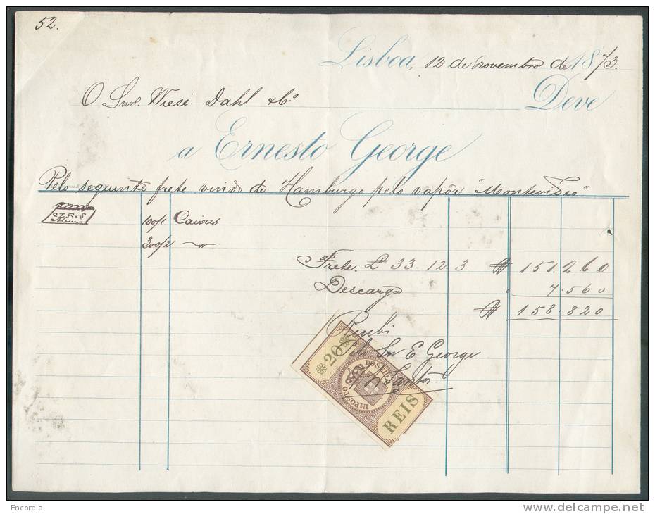 Facture Avec Timbre Fiscal De 20 Réis De LISBOA Le 12 Novembre 1873 - 8491 - Brieven En Documenten