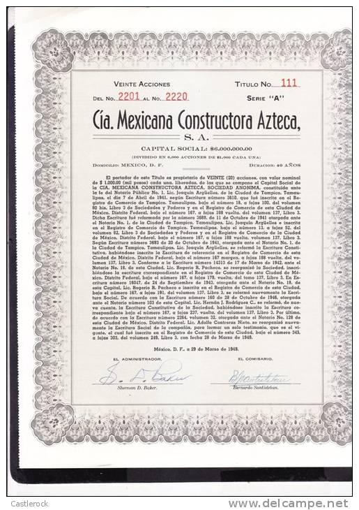 O) 1949 MEXICO, TWENTY STOCK- Nº111, CIA MEXICANA CONSTRUCTORA AZTECA S.A,- - Other & Unclassified