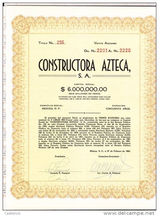 O) 1962 MEXICO, STOCK TWENTY, CONSTRUCTORA AZTECA S.A. - Other & Unclassified