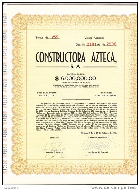 O) 1962 MEXICO, STOCK TWENTY -255, CONSTRUCTORA AZTECA S.A.- - Other & Unclassified