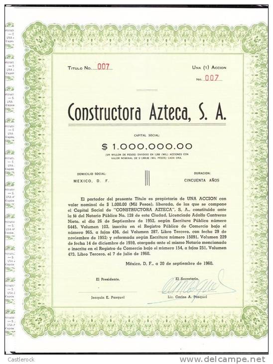 O) 1960 MEXICO, STOCK ONE, CONSTRUCTORA AZTECA S.A. - Altri & Non Classificati