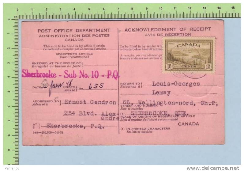 Avis De Reception Envoi Recommandé 1948, Quebec  Post Card Carte Postale - Poste & Facteurs