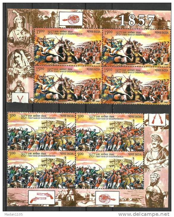 INDIA, 2007, 150 Years Of War Of Independence, Set 2 V, Block Of 4, MNH, (**) - Nuevos