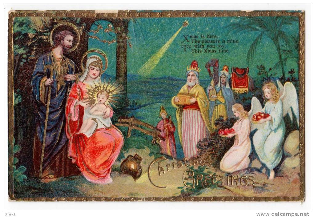 CHRISTMAS COMET THE FALLING STAR BABY JESUS THREE KINGS ANGELS RELIEF OLD POSTCARD - Other & Unclassified