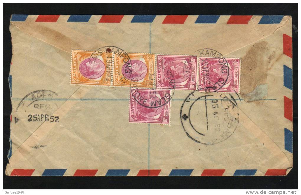 Singapore  1952  KG VI  Registered Cover To Aden # 44297 - Singapore (...-1959)