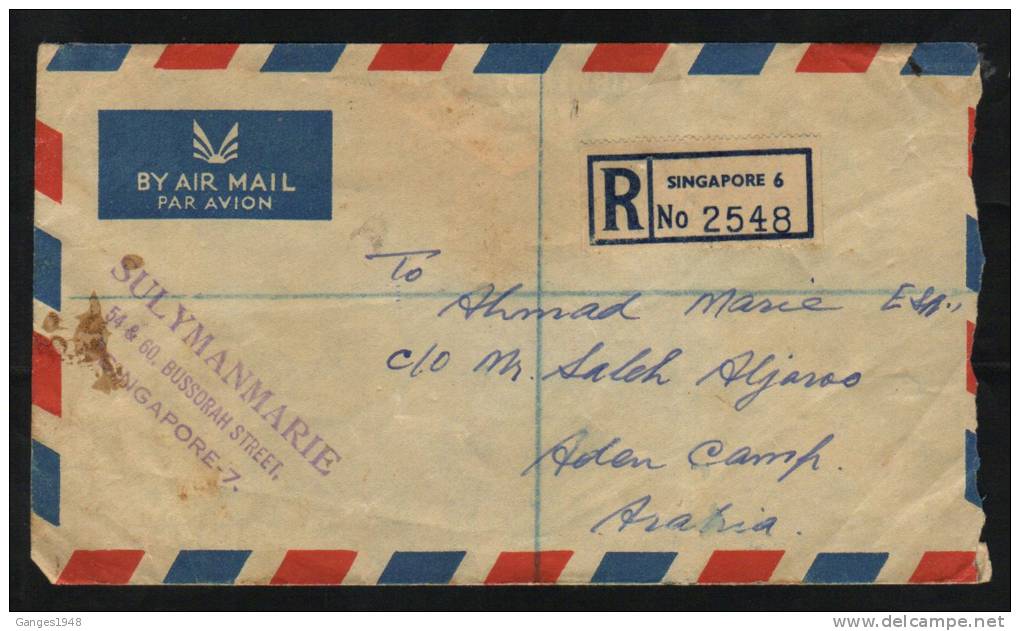 Singapore  1952  KG VI  Registered Cover To Aden # 44297 - Singapour (...-1959)