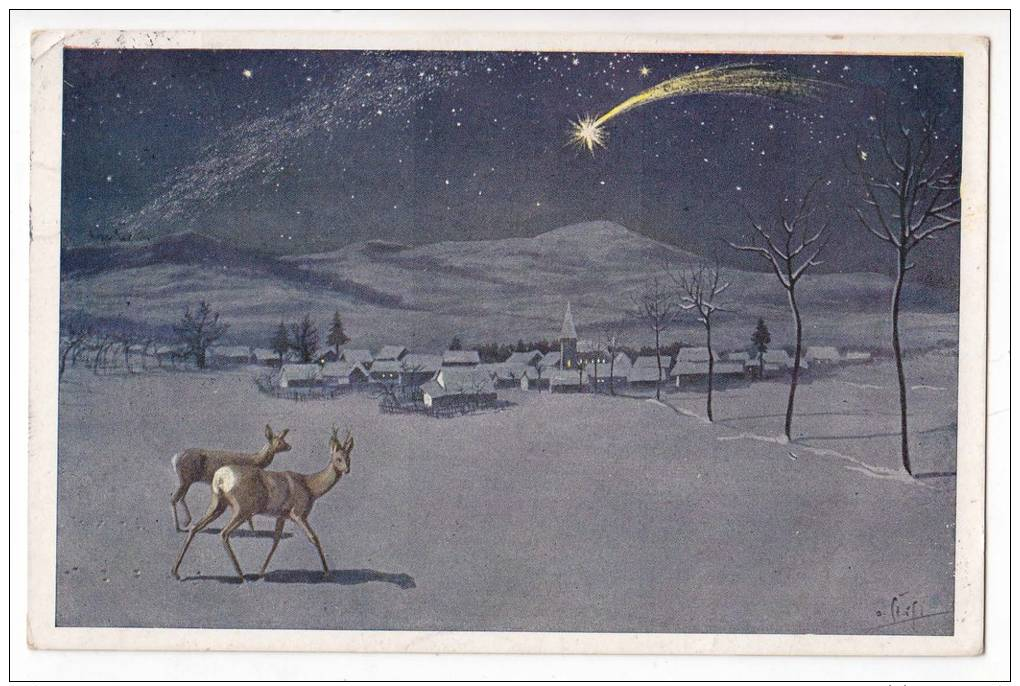 CHRISTMAS COMET THE FALLING STAR OVER THE VILLAGE THE DEERS OLD POSTCARD - Other & Unclassified