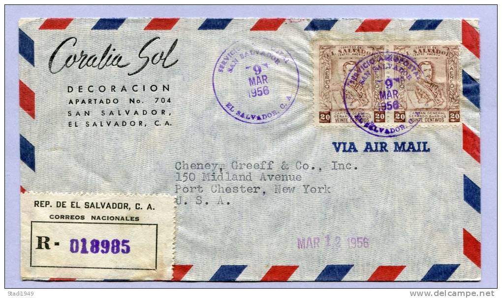 Air Mail Registered Letter EL SALVADOR San SALVADOR To NEW YORK 1956 (843) - El Salvador