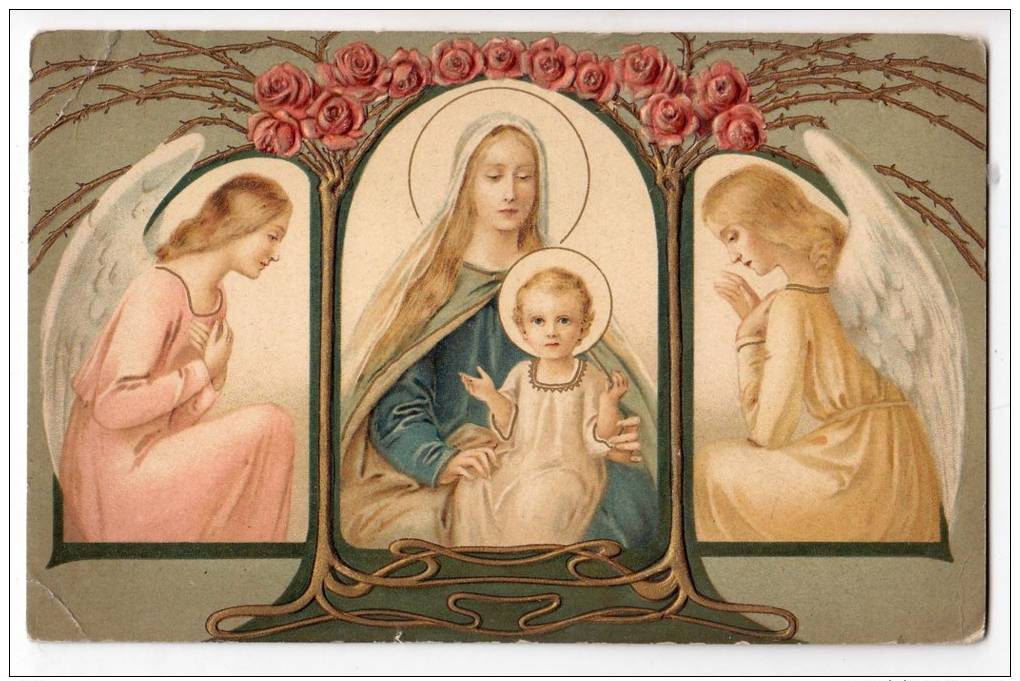CHRISTIANITY SAINTS BABY JESUS WITH MOTHER MARY ANGELS SECESSION ATR DECO OLD POSTCARD - Saints