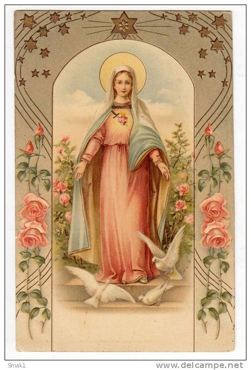 CHRISTIANITY SAINTS MOTHER MARY AND PIGEONS RELIEF SECESSION ATR DECO OLD POSTCARD 1918. - Saints