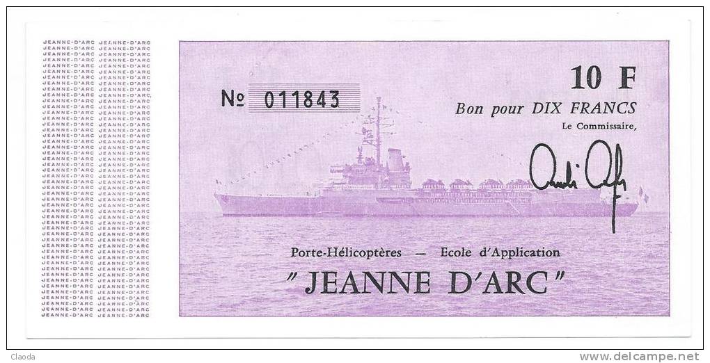 11950 - BILLET DE BORD PH JEANNE D'ARC - MARINE NATIONALE (NEUF- Année 1980 1981) - Specimen