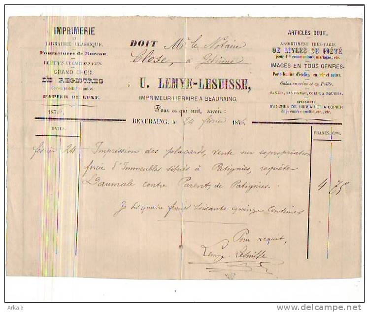 Beauraing - 1876 - 5 Documents - U. Lemye-Lesuisse - Imprimeur-libraire - Notaire Close - Imprenta & Papelería