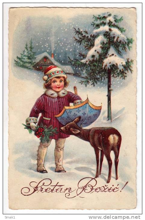 CHRISTMAS CHILDREN GIRL UMBRELLA DEER SNOW L&P Nr. 2138 OLD POSTCARD 1934. - Other & Unclassified