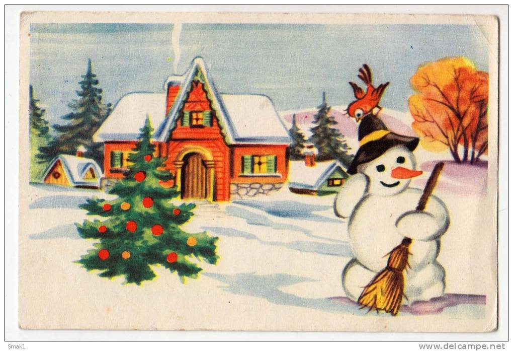 NEW YEAR SNOWMAN WITH A BIRD TREE OLD POSTCARD 1959. - New Year