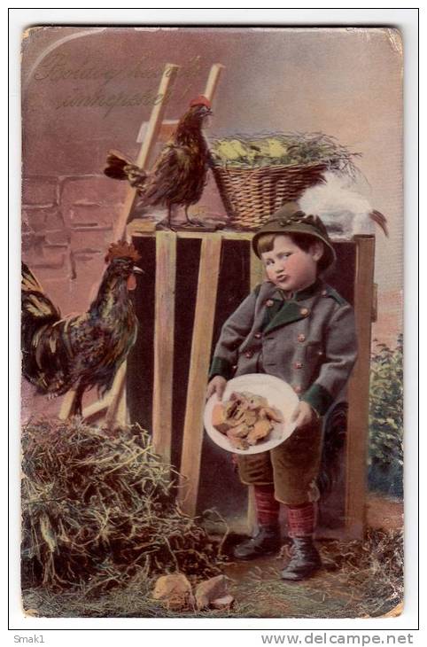 EASTER CHILDREN BOY CHICKEN NEST Nr. 808 OLD POSTCARD 1909. - Easter