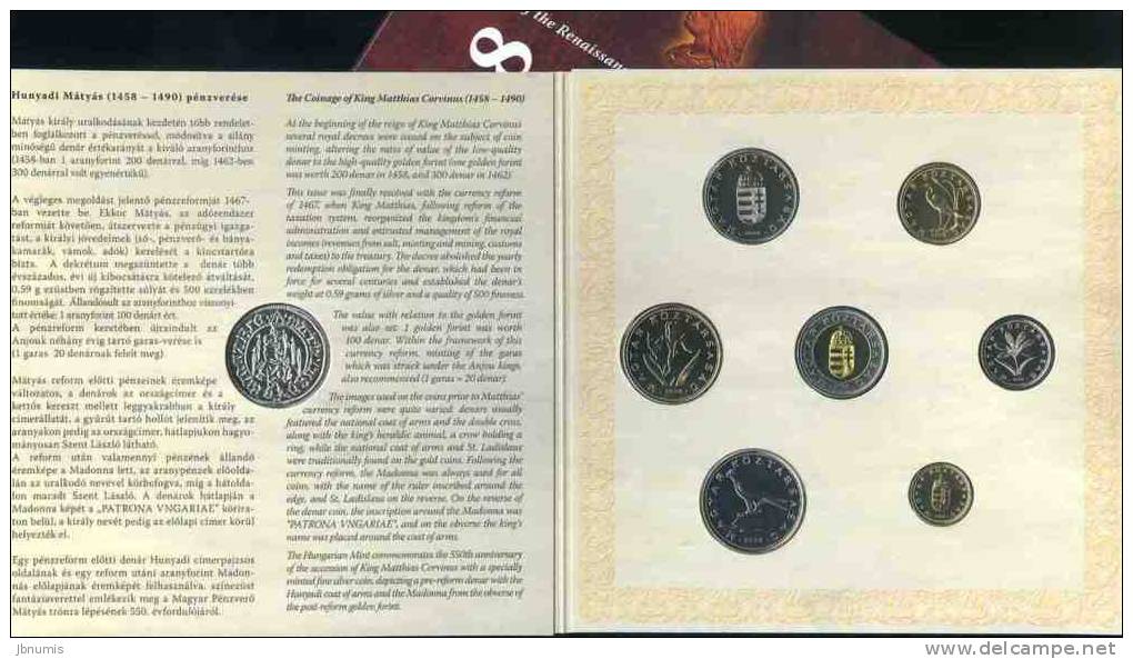 Hongrie Hungary Coffret Officiel BU 1 à 100 Forint 2008 + Jeton Argent Matthias Corvinus Année De La Renaissance - Hongrie