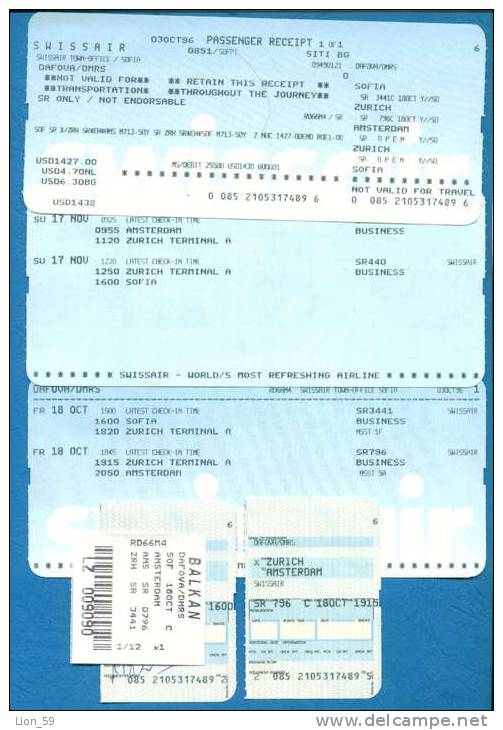 D460 / Billet D´avion Airplane Ticket SWISSAIR - SOFIA ZURICH AMSTERDAM ZURICH SOFIA - BULGARIA Switzerland Suisse - Europa