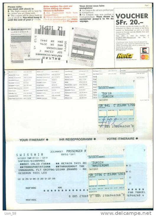 D474 / Billet D´avion Airplane Ticket SWISSAIR - SOFIA AMSTERDAM ZURICH  Bulgaria Bulgarie  Switzerland Suisse Sch - Europe