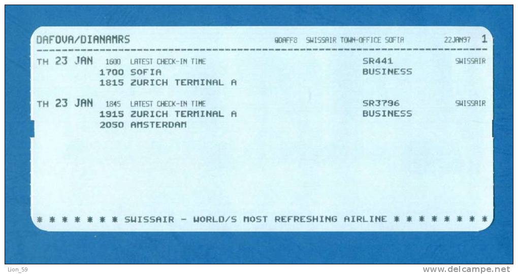 D474 / Billet D´avion Airplane Ticket SWISSAIR - SOFIA AMSTERDAM ZURICH  Bulgaria Bulgarie  Switzerland Suisse Sch - Europe