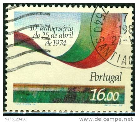 PORTOGALLO, PORTUGAL, ANNIVERSARIO 25 APRILE, 1984, FRANCOBOLLO USATO, Scott 1600, YT 1608, Afi 1655 - Usado