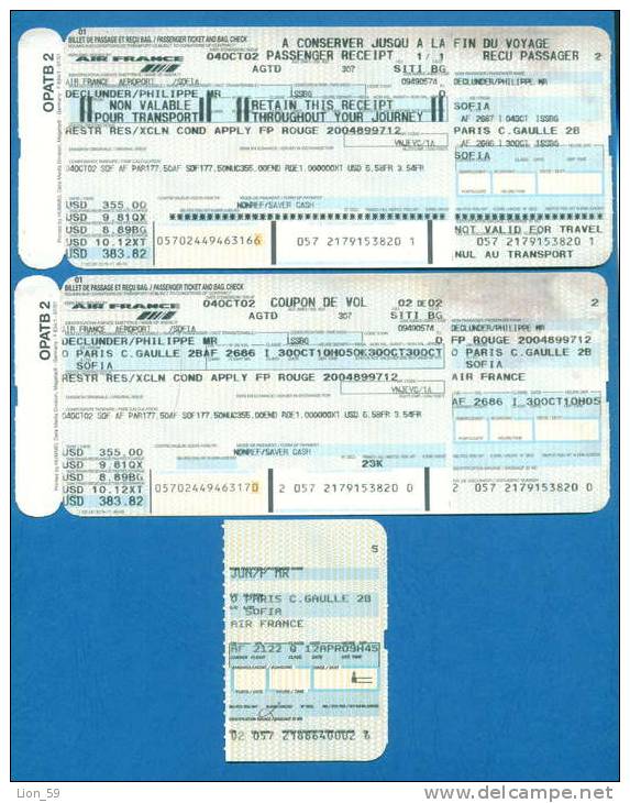 D462 / Billet D´avion Airplane Ticket AIR FRANCE - SOFIA - PARIS  Bulgaria Bulgarie Bulgarien France Frankreich Fr - Europa