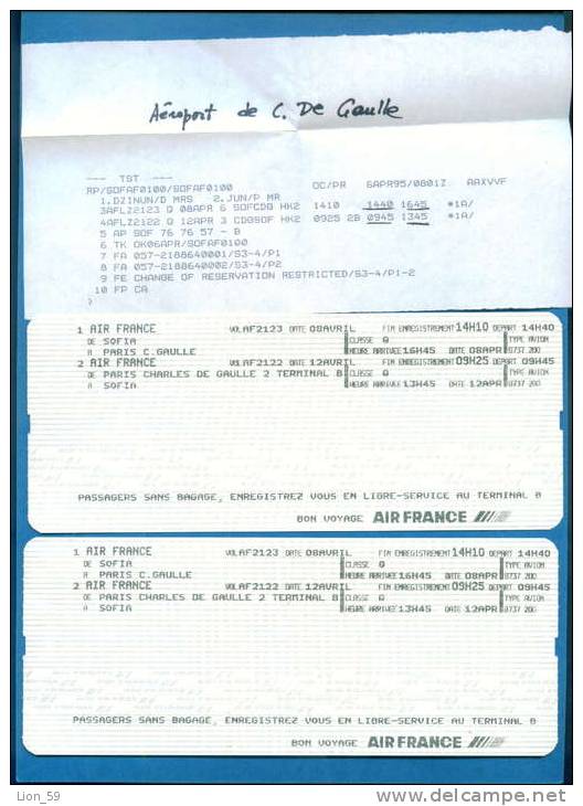 D463 / Billet D´avion Airplane Ticket AIR FRANCE - SOFIA - PARIS  Bulgaria Bulgarie Bulgarien France Frankreich Fr - Europe