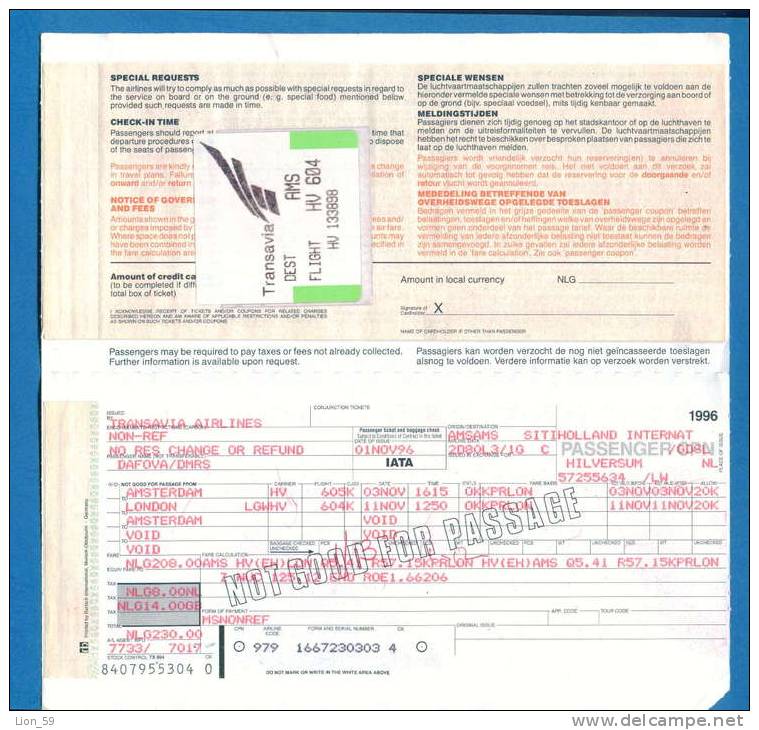 D469 / Billet D´avion Airplane Ticket - IATA -  AMSTERDAM LONDON AMSTERDAM Great Britain Grande-Bretagne Netherlan - Europa