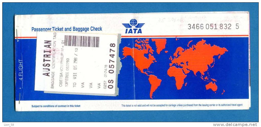 D464 / Billet D´avion Airplane Ticket - IATA -  SOFIA VIENNA SOFIA  Austria Osterreich Autriche Bulgaria Bulgarie - Europa