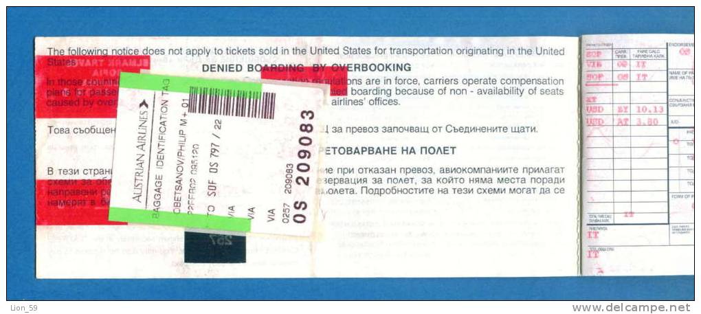 D464 / Billet D´avion Airplane Ticket - IATA -  SOFIA VIENNA SOFIA  Austria Osterreich Autriche Bulgaria Bulgarie - Europa