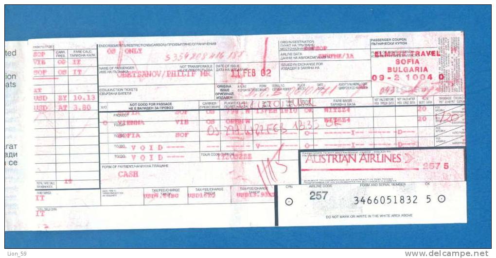 D464 / Billet D´avion Airplane Ticket - IATA -  SOFIA VIENNA SOFIA  Austria Osterreich Autriche Bulgaria Bulgarie - Europe