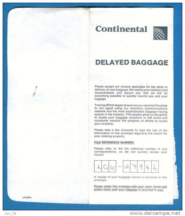 D479 / Billet D´avion Airplane Ticket CONTINENTAL - West Sussex - SOFIA - BULGARIA Great Britain Grande-Bretagne - Europa