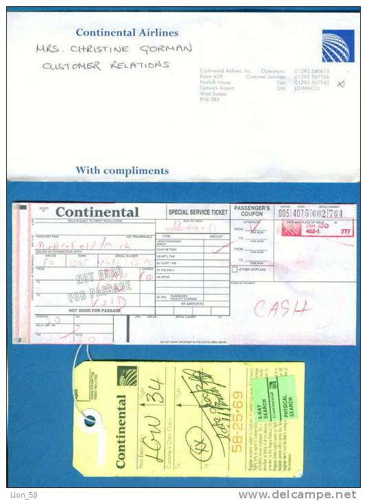 D479 / Billet D´avion Airplane Ticket CONTINENTAL - West Sussex - SOFIA - BULGARIA Great Britain Grande-Bretagne - Europe