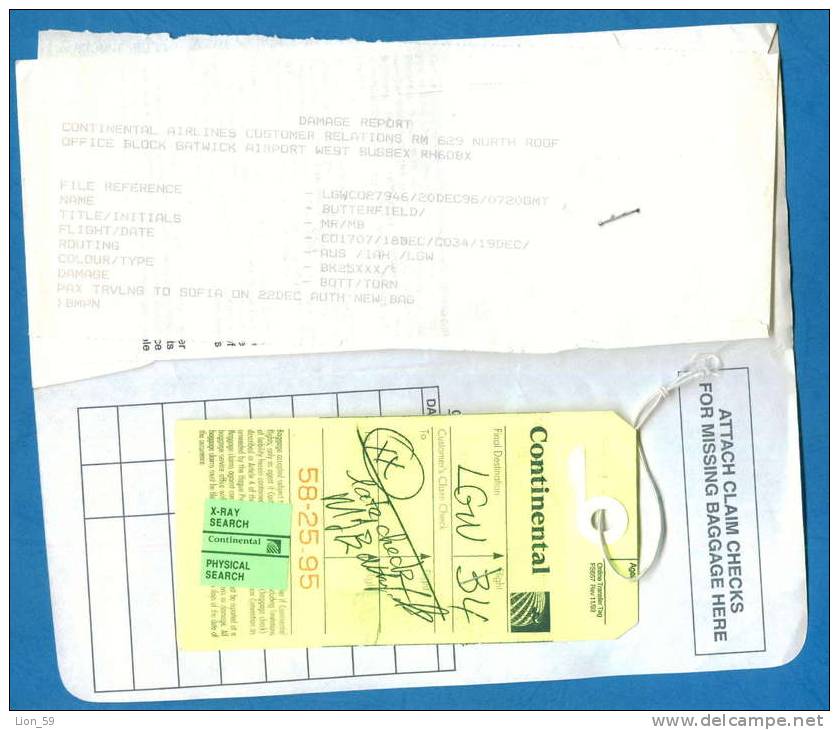 D479 / Billet D´avion Airplane Ticket CONTINENTAL - West Sussex - SOFIA - BULGARIA Great Britain Grande-Bretagne - Europa