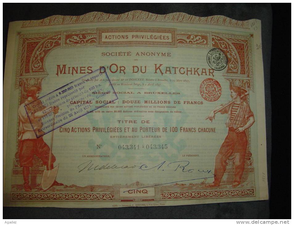 Titre De 5 Actions Privilégiées Shares " Mines D'or Du Katchkar " Russie 1897 Russia Gold Mining - Russland